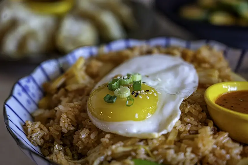 Close-up of a loaded rice bowl